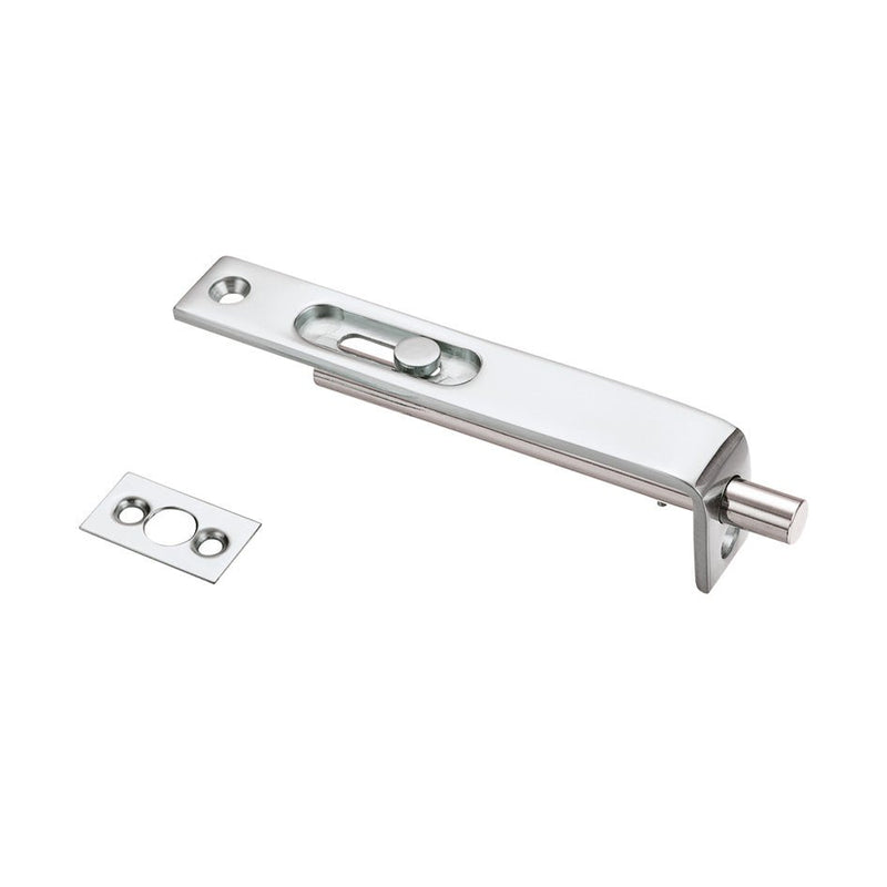 Zoo Hardware Sunk Slide Flush Bolt measuring 17 x 100mm in a polished chrome finish, featuring a sleek sliding mechanism and an accompanying strike plate for installation.