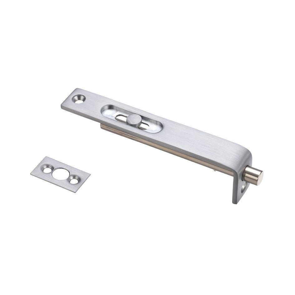 Zoo Hardware Sunk Slide Flush Bolt measuring 17 x 100mm, featuring a sleek stainless steel finish, includes a bolt mechanism and a matching strike plate.