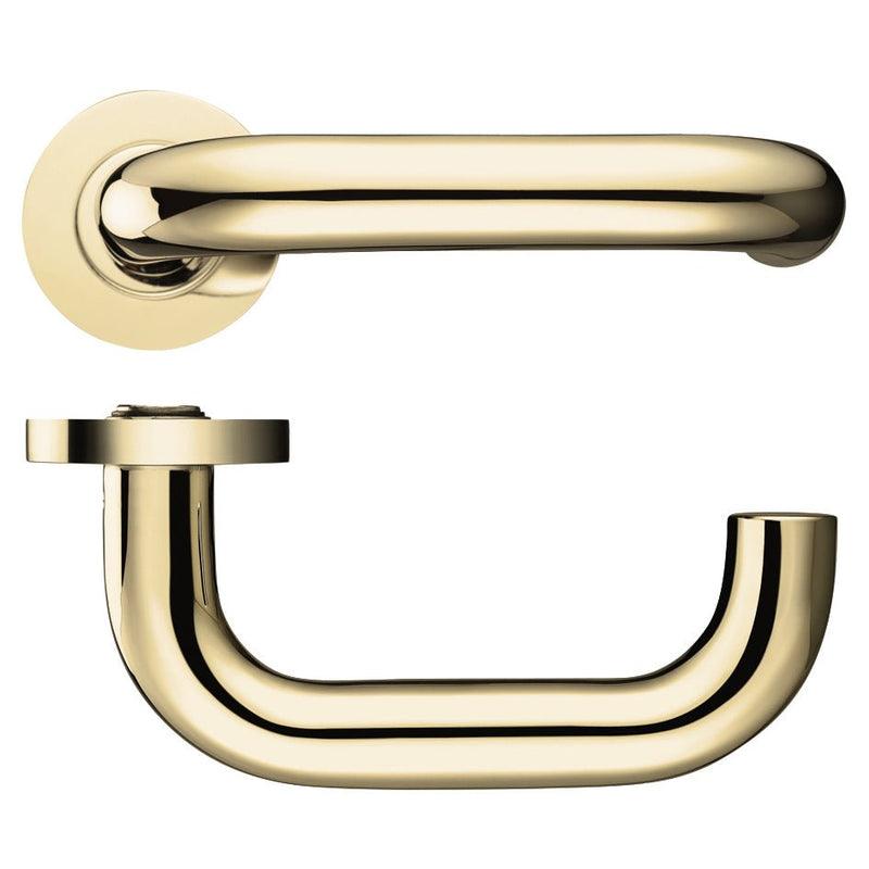 Zoo Hardware 19mm Return to Door Lever on Round Rose in polished brass, featuring a rounded lever and matching rose plate, suitable for various door applications.