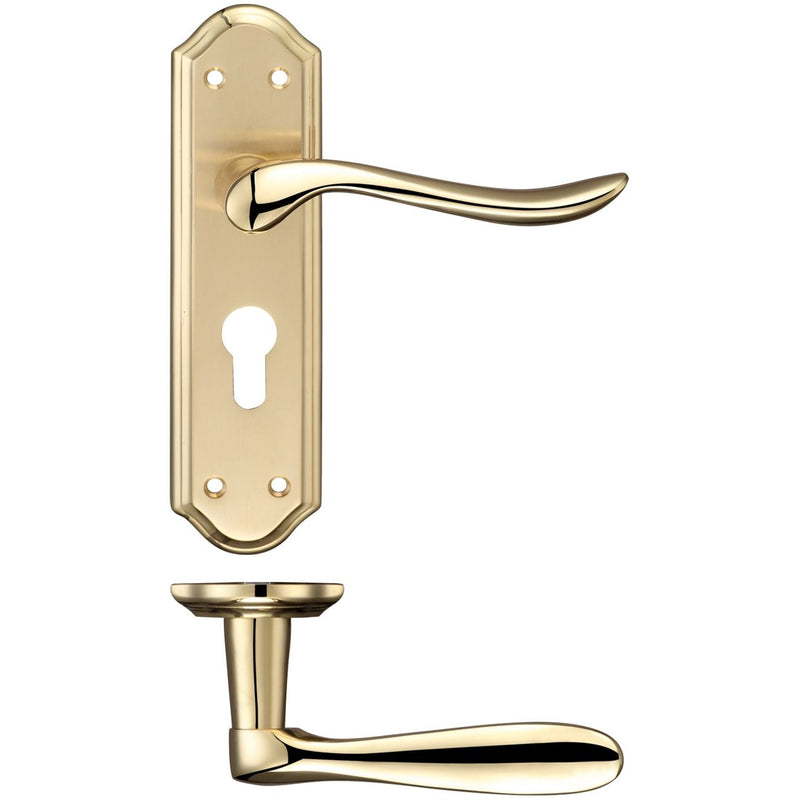 Lincoln Lever on Backplate Lever Euro Lock Polished Brass Love Handles uk