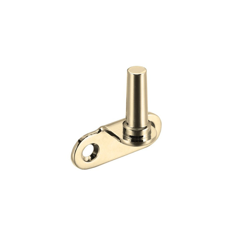 Zoo Hardware Flush Fitting Pins For Casement Stay (pack of 2) in polished brass, featuring a cylindrical pin attached to a flat base with a circular hole for installation.