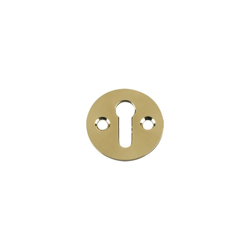 Zoo Hardware Std. Key Profile Victorian Escutcheon in brass, featuring a 32mm diameter round plate with a keyhole and two screw holes for installation.