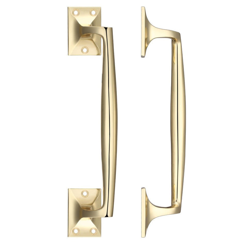 Zoo Hardware Cast Brass Pull Handle - 250mm in a polished brass finish, featuring a sleek design and a secure mount with four screw holes on each end.