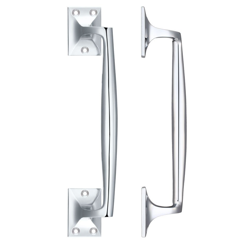 Zoo Hardware Cast Brass Pull Handle in a polished finish, measuring 250mm in length, designed with an ergonomic shape for easy gripping and featuring square mounting plates.