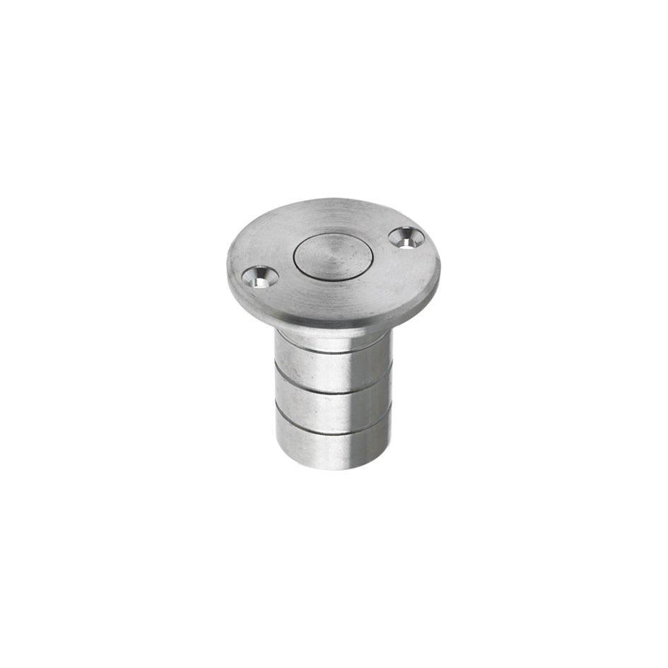 Zoo Hardware Dust Socket for Flush Bolts is made of stainless steel, measuring 20mm in diameter and 38mm in height, featuring a circular top with two screw holes for installation.