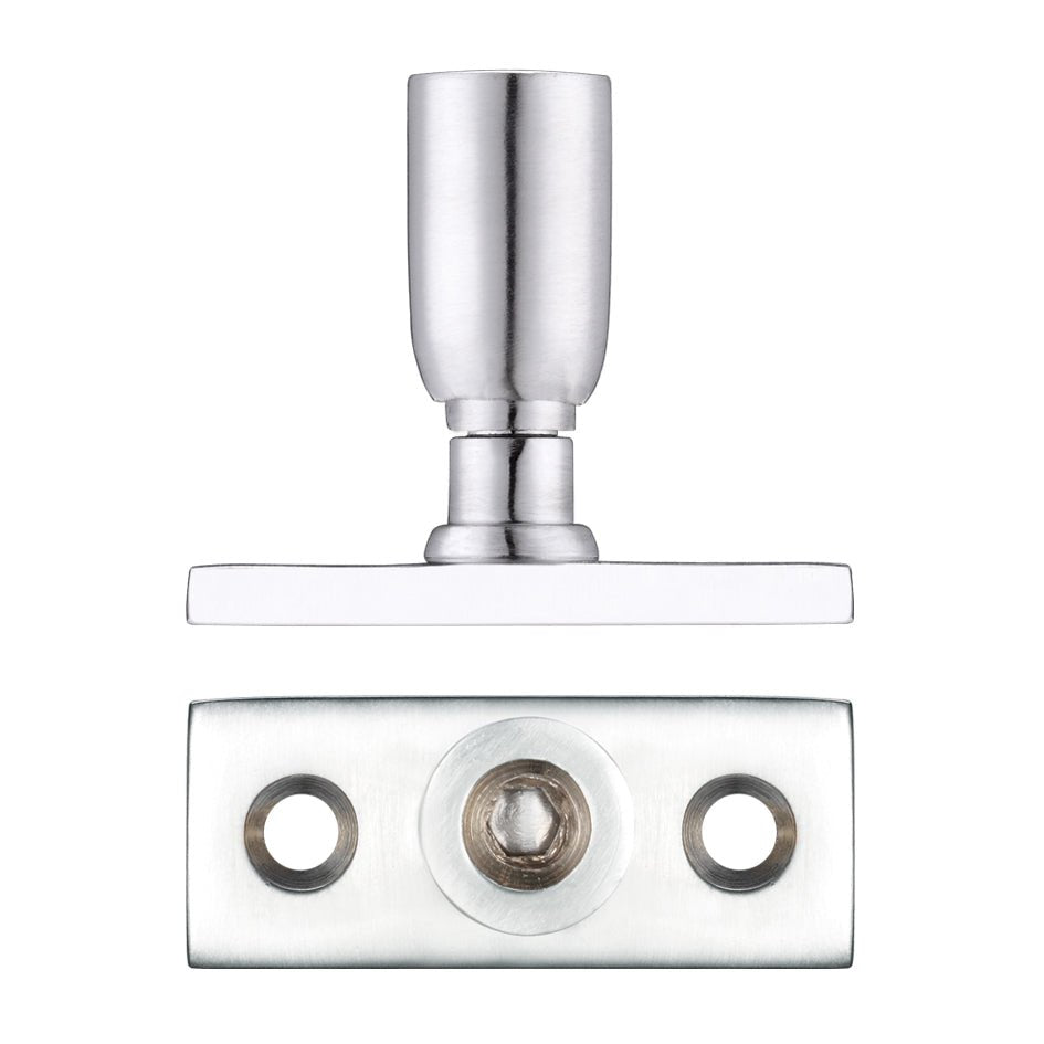 Zoo Hardware Locking Casement Stay Pin in polished chrome, featuring a cylindrical pin and a rectangular base plate with two holes for screws, designed for secure window operation.