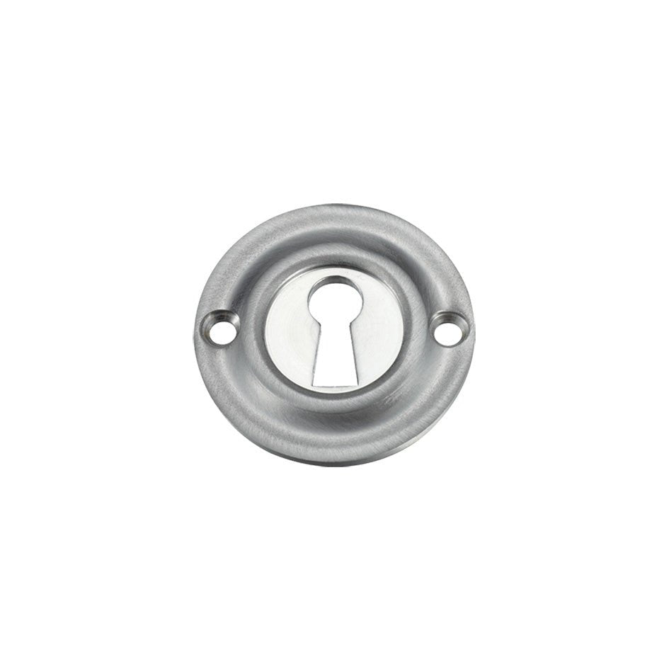 Zoo Hardware Std. Key Profile Escutcheon in polished chrome, featuring a circular design with a central keyhole and two fixing holes.
