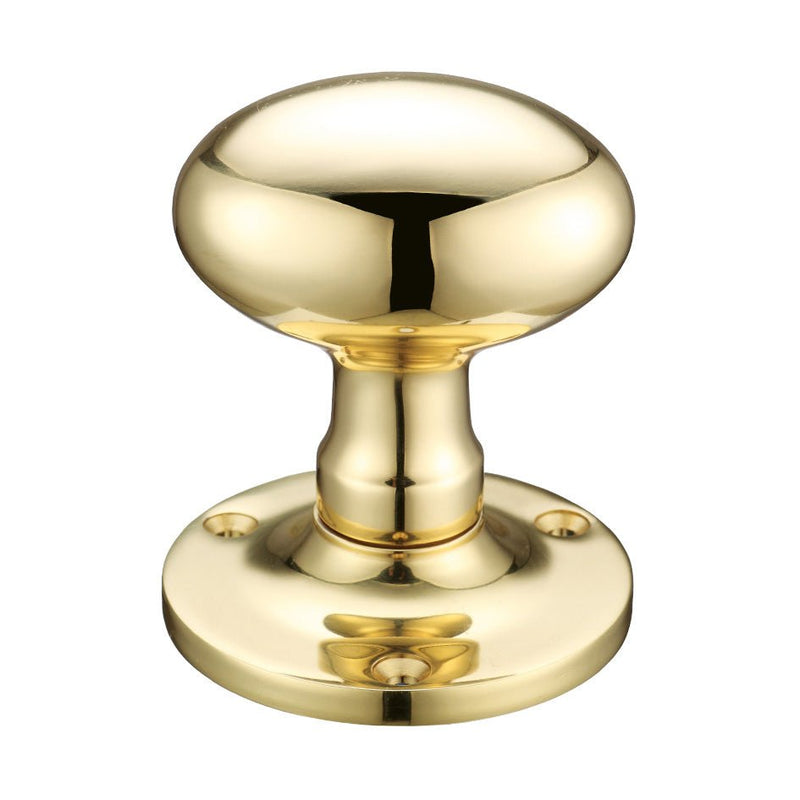 Zoo Hardware Oval Mortice Knob Furniture with a 62.5mm rose diameter, featuring a polished brass finish and a rounded knob design mounted on a circular base with visible screw holes.