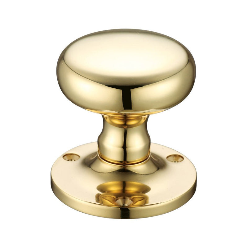 Zoo Hardware Mushroom Mortice Knob Furniture with a 62.5mm rose diameter, featuring a polished brass finish and a rounded design mounted on a circular base.