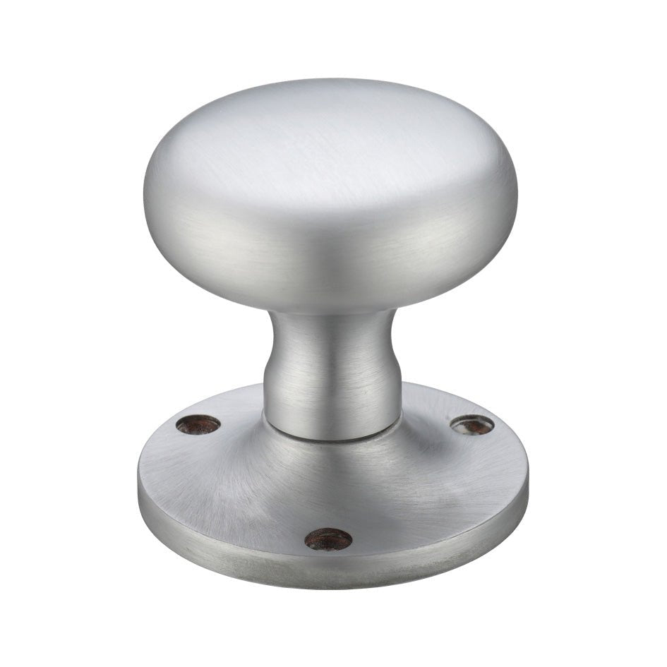Zoo Hardware Mushroom Mortice Knob Furniture with a 62.5mm rose diameter, featuring a brushed stainless steel finish and a round knob design mounted on a circular base with visible screw holes.