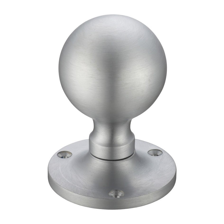 Zoo Hardware Ball Mortice Knob Furniture with a 62.5mm rose diameter, featuring a round brushed stainless steel design and a disc-shaped base with four screw holes.