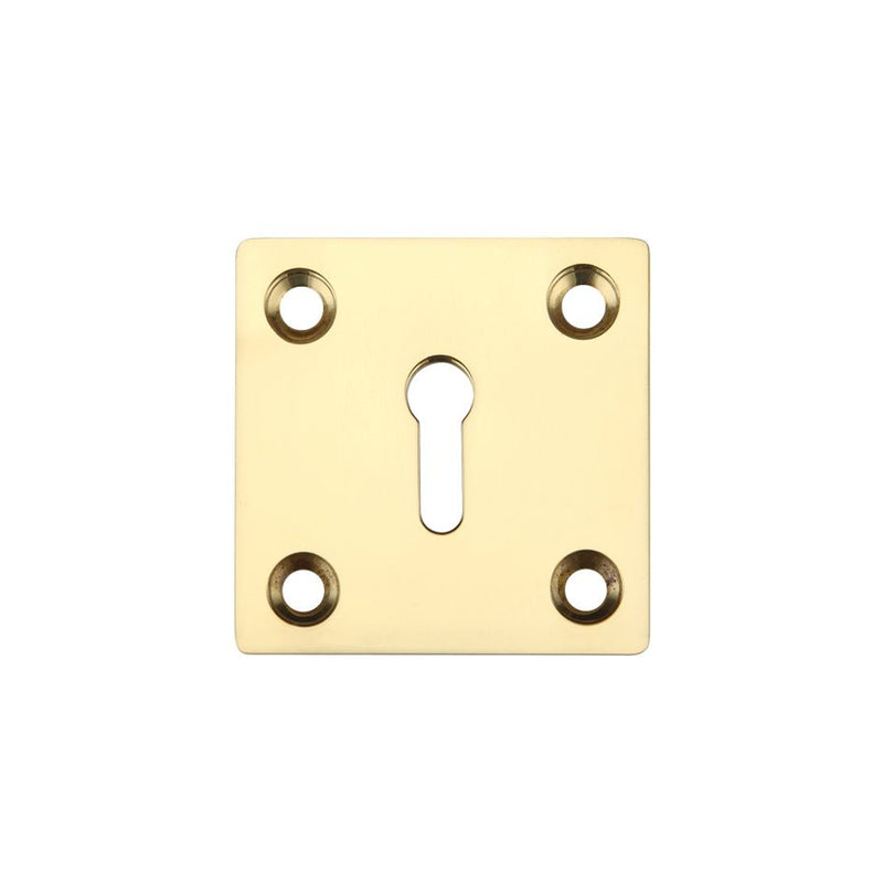 Zoo Hardware Square Standard Profile Escutcheon 50mm in a polished brass finish, featuring a keyhole design and four mounting holes for installation.