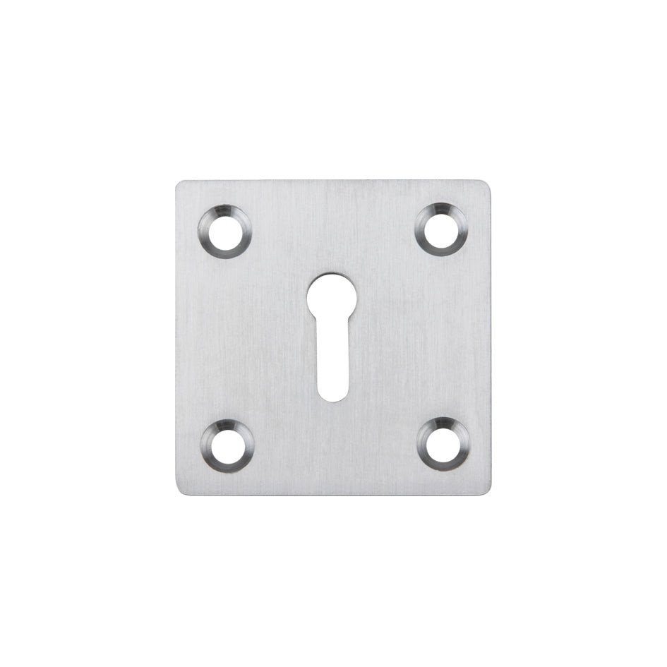 Zoo Hardware Square Standard Profile Escutcheon 50mm in a brushed stainless steel finish, featuring a square design with a central keyhole and four mounting holes.