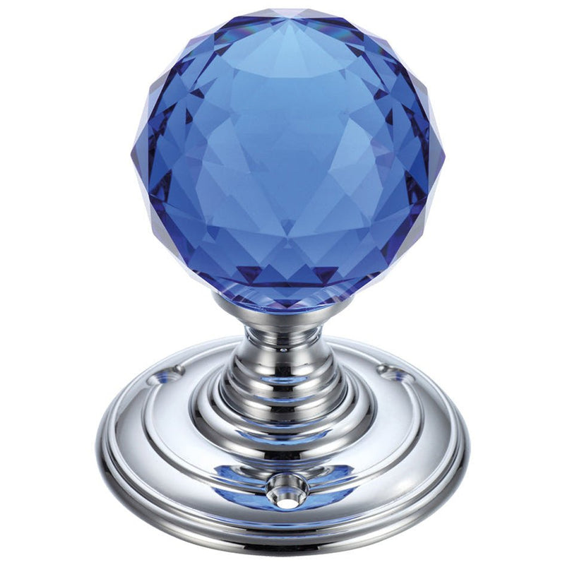 Glass Ball Mortice Knob - 55mm Polished Chrome Facetted Blue Love Handles uk