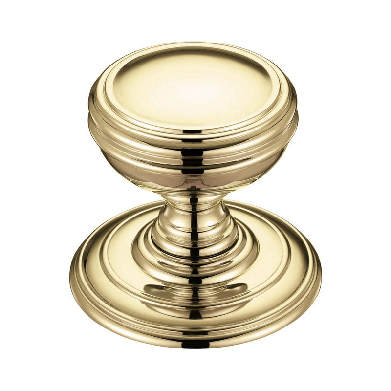 Zoo Hardware Mortice Knob on Round Rose in polished brass finish, featuring a rounded knob design with decorative detailing and a concealed fixing mechanism for installation.