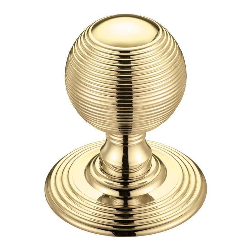 Zoo Hardware Ringed Mortice Knob on Round Rose in polished gold finish, featuring a circular knob with vertical grooves and a round rose base for concealed fixing.