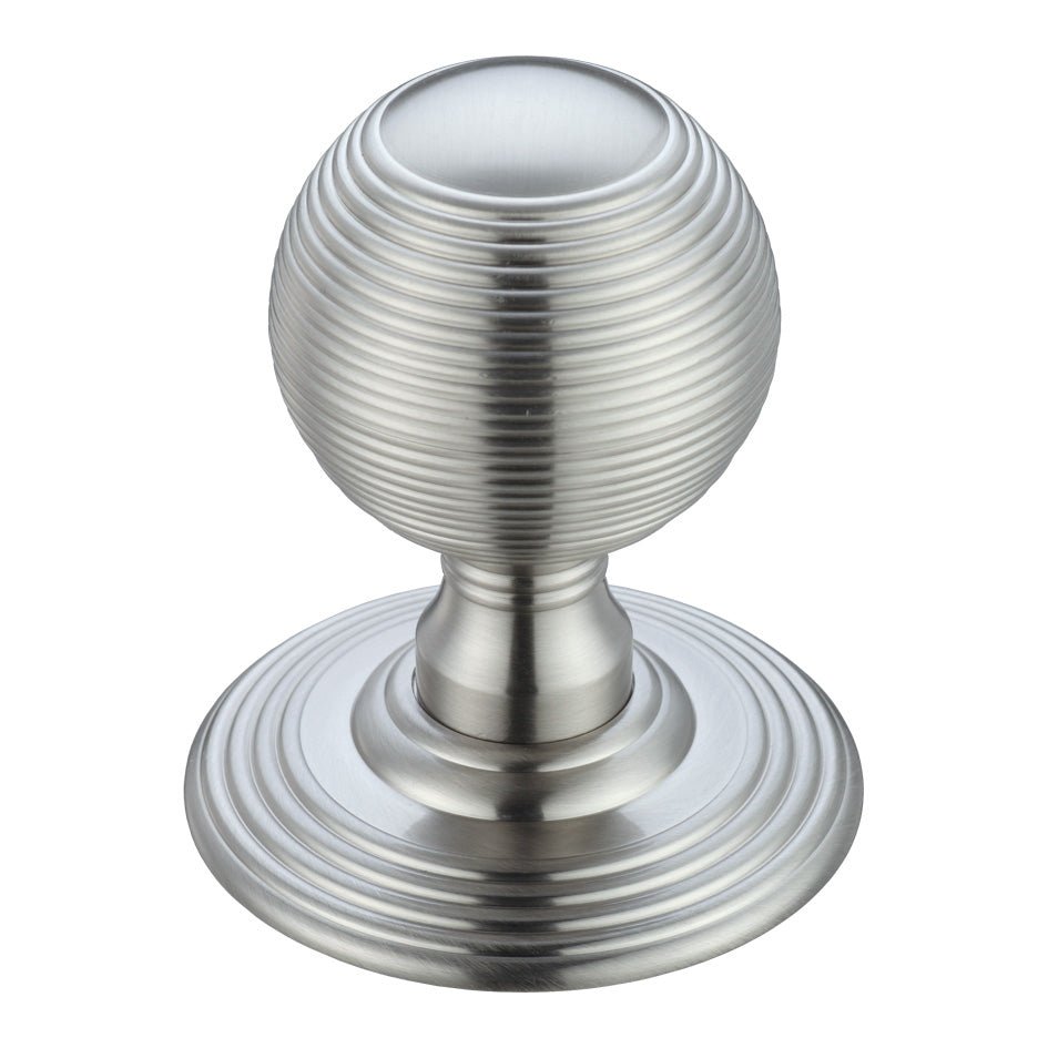 Zoo Hardware Ringed Mortice Knob on Round Rose in a concealed fix design, made of solid metal with a polished finish, featuring ribbed detailing on the knob and a smooth base.