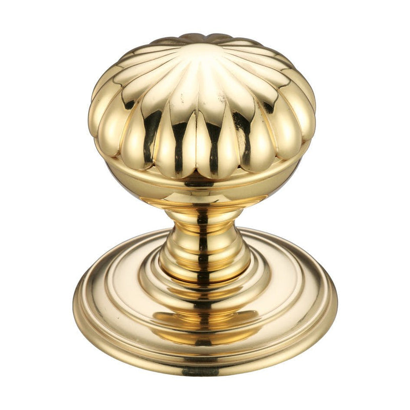 Zoo Hardware Flower Mortice Knob on Round Rose in polished gold finish, featuring a decorative scalloped design and a round base for concealed fixing.
