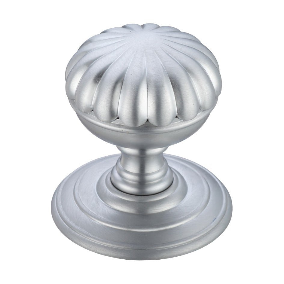 Zoo Hardware Flower Mortice Knob on Round Rose - Concealed Fix in a polished silver finish, featuring a decorative fluted design and a round base, suitable for doors and cabinets.