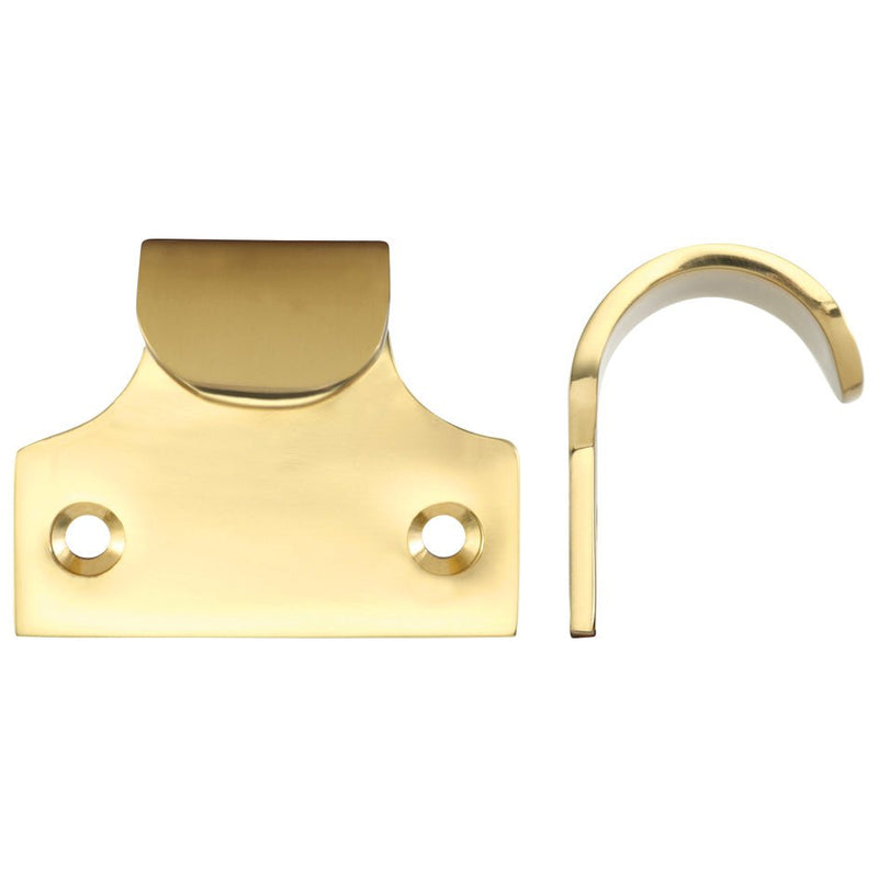 Zoo Hardware Sash Lift in gold finish, measuring 51 x 48mm, includes a mounting plate and a curved hook, both designed for securing window sashes.