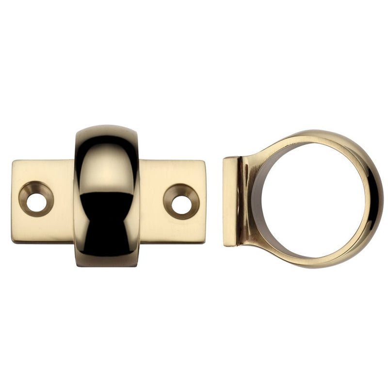 Zoo Hardware Window Sash Ring in polished brass finish, featuring a round ring and a flat rectangular base with two mounting holes.