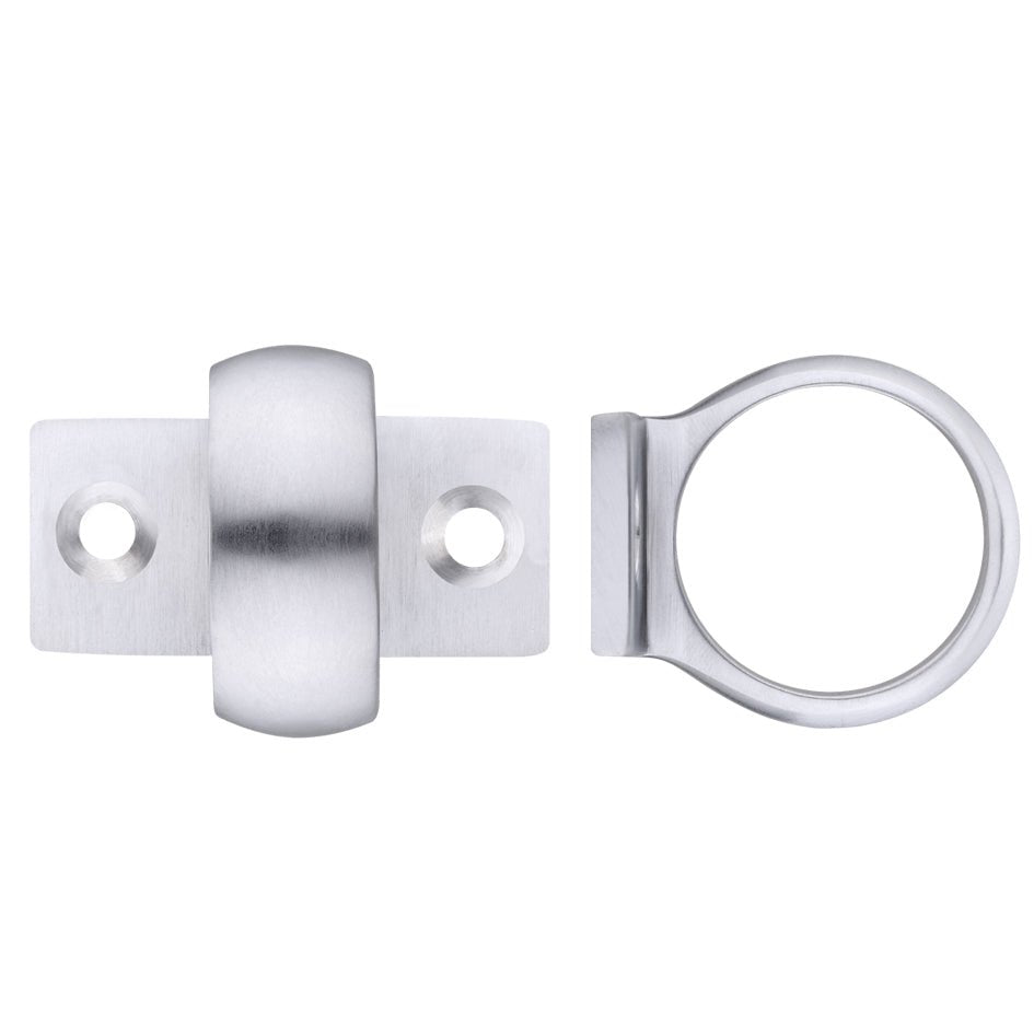 Zoo Hardware Window Sash Ring in brushed stainless steel, featuring a cylindrical shape with two mounting holes on one side and a round ring on the other side for secure fastening.