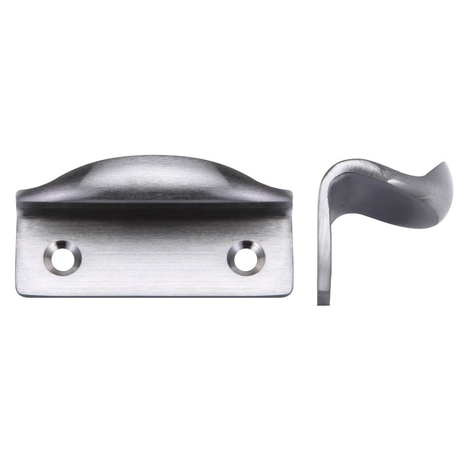 Zoo Hardware Sash Lift measuring 60 x 22mm, constructed from stainless steel, features a curved design with two mounting holes for easy installation.