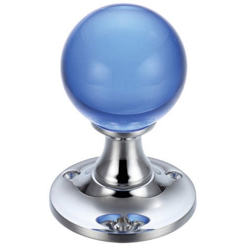 Zoo Hardware Glass Ball Mortice Knob in blue, measuring 50mm. The knob features a glossy blue glass sphere mounted on a polished chrome base.