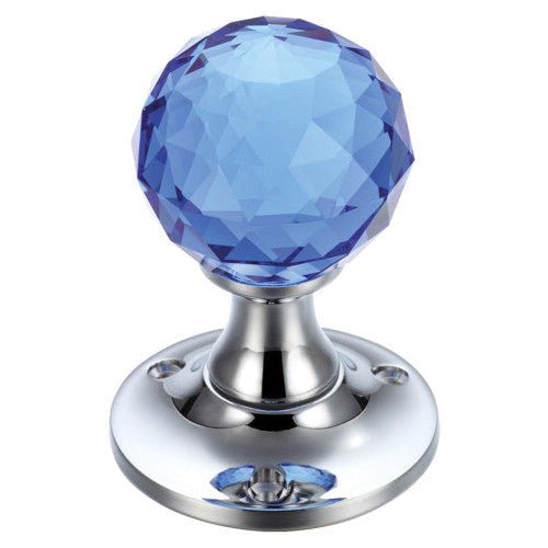 Zoo Hardware Glass Ball Mortice Knob - 50mm featuring a blue glass knob with a faceted surface, mounted on a chrome base with visible screw holes.