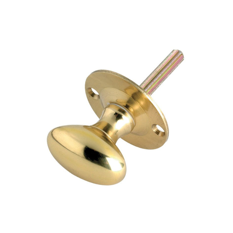 Zoo Hardware Oval Thumb Turn - Rack Bolt with a 38mm rose diameter, featuring a polished brass finish and a rounded knob design. The backplate is circular with two pre-drilled holes for easy installation.