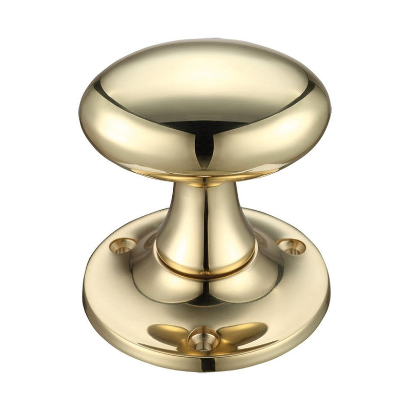 Zoo Hardware Oval Mortice Knob Furniture in a polished brass finish, featuring a rounded shape and a 60mm rose diameter for easy installation.