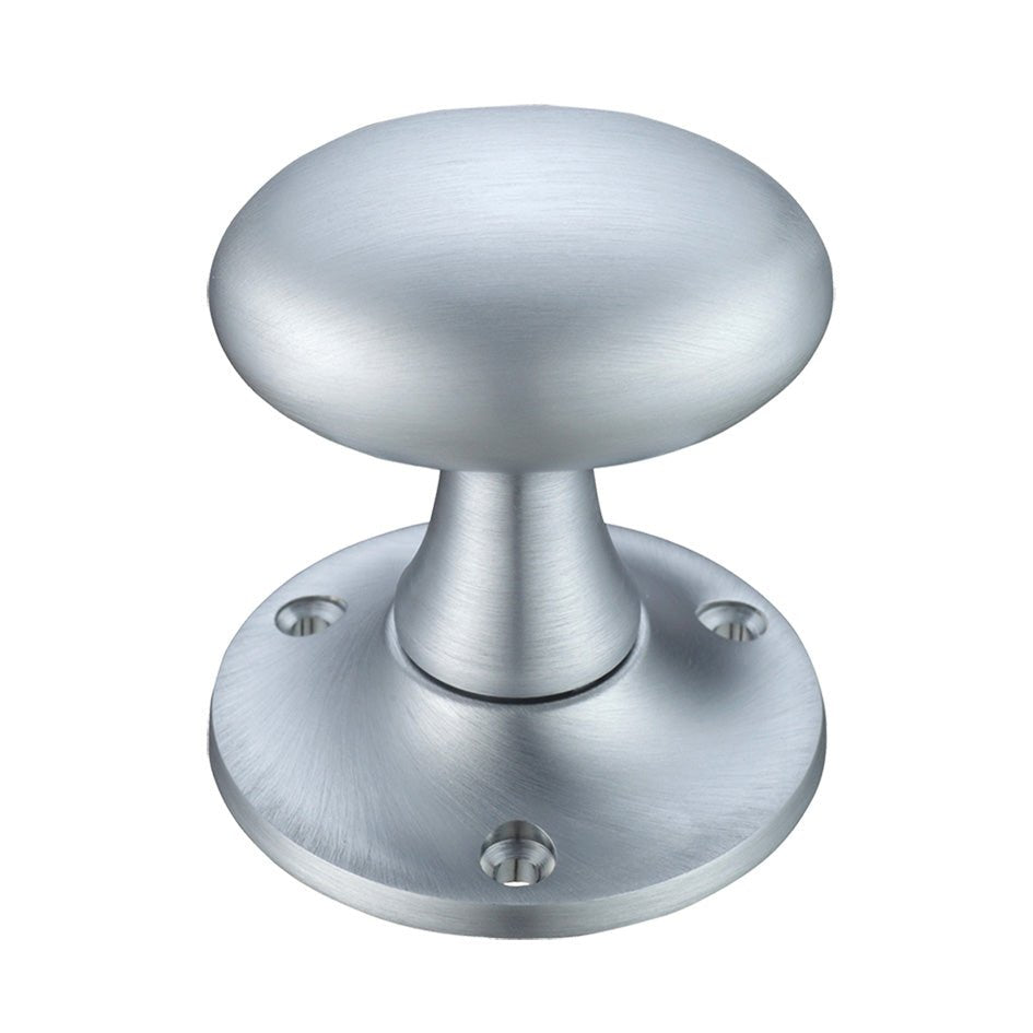 Zoo Hardware Oval Mortice Knob Furniture in a brushed silver finish, featuring a smooth oval shape with a 60mm diameter rose plate and four mounting holes for secure installation.