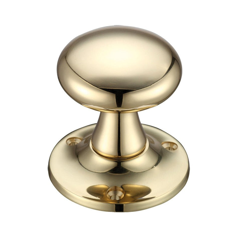 Zoo Hardware Mushroom Mortice Knob Furniture with a 60mm rose diameter, featuring a polished brass finish and a round design with a smooth upper surface and a solid base.