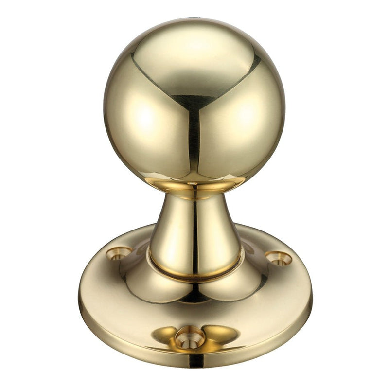 Zoo Hardware Ball Mortice Knob Furniture with a 60mm rose diameter, featuring a polished brass finish and a round, smooth shape on a circular base.