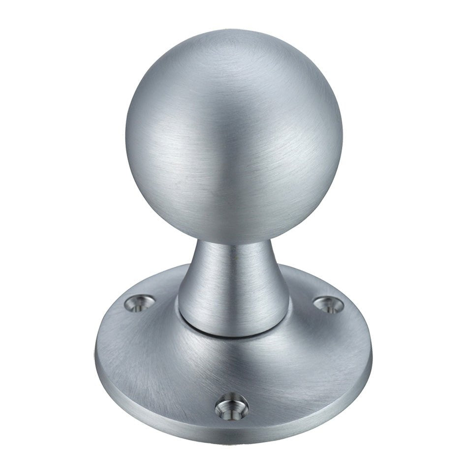 Zoo Hardware Ball Mortice Knob Furniture in satin nickel finish, featuring a round 60mm rose diameter and a smooth spherical design, mounted on a circular base with four screw holes for installation.