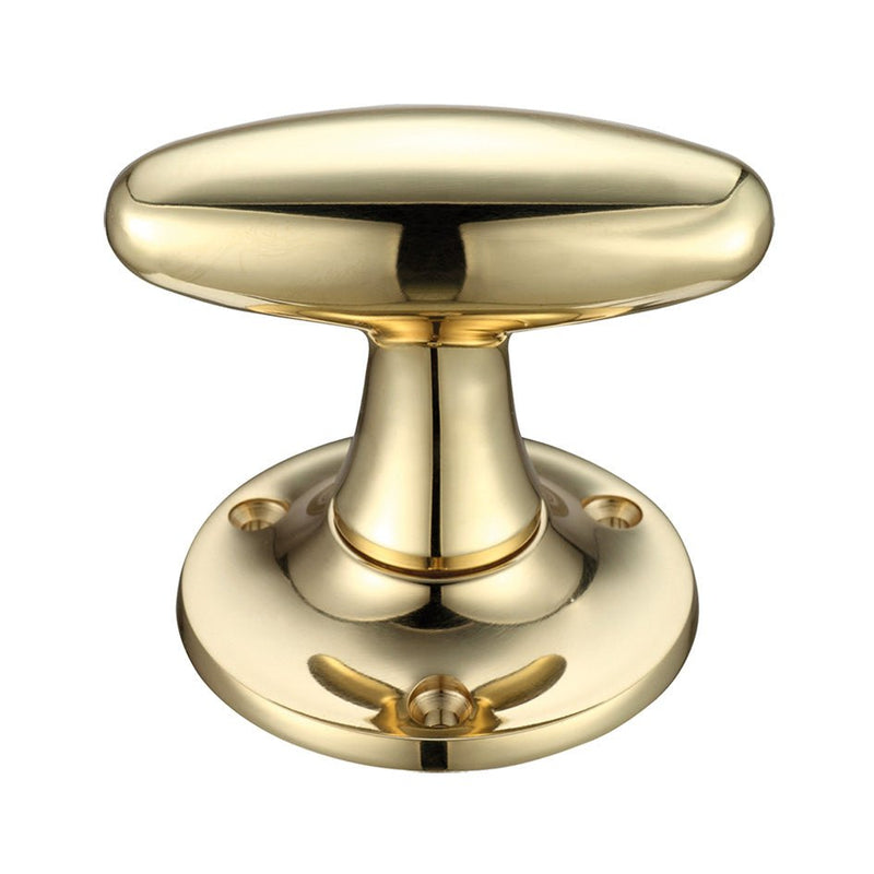 Zoo Hardware Extended Oval Mortice Knob Furniture with a 60mm rose diameter, featuring a polished gold finish and a rounded knob design, attached to a circular base with screw holes.