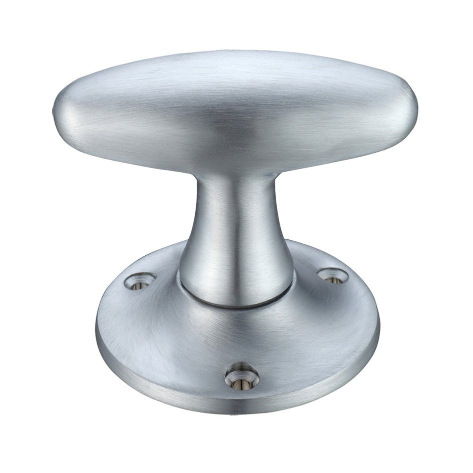 Zoo Hardware Extended Oval Mortice Knob in a brushed stainless steel finish, featuring a rounded oval shape and a 60mm diameter rose base with four mounting holes.