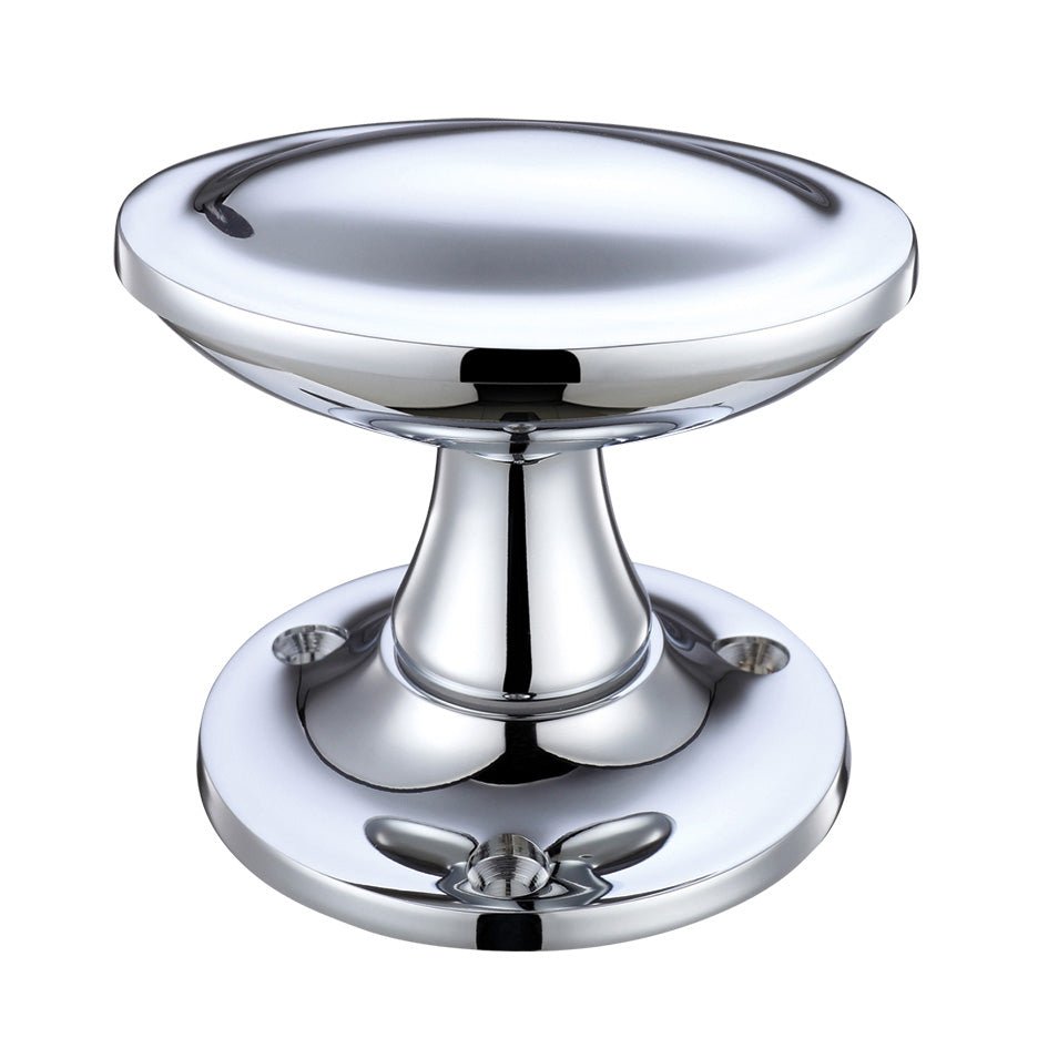 Zoo Hardware Oval Stepped Mortice Knob Furniture with a 60mm rose diameter, featuring a polished chrome finish and a rounded, smooth design.