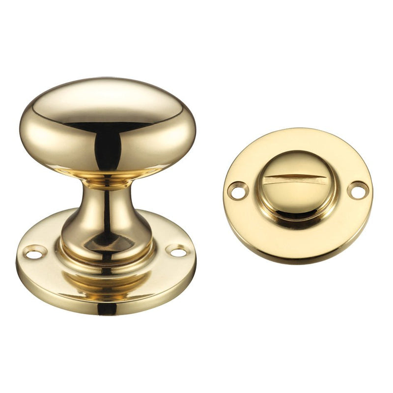 Zoo Hardware Turn and Release in polished gold finish, featuring a rounded knob and a matching round plate for door functionality.