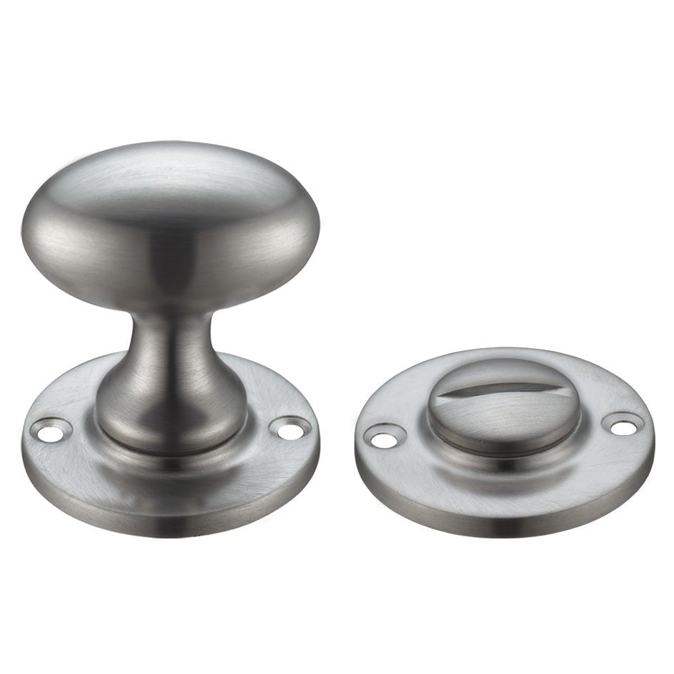 Zoo Hardware Turn and Release in brushed satin stainless steel, featuring a round knob and a matching plate for a sleek design.