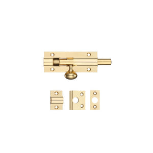 Zoo Hardware Architectural Barrel Bolt in polished brass, featuring a sliding bolt mechanism and accompanying mounting plates for installation.