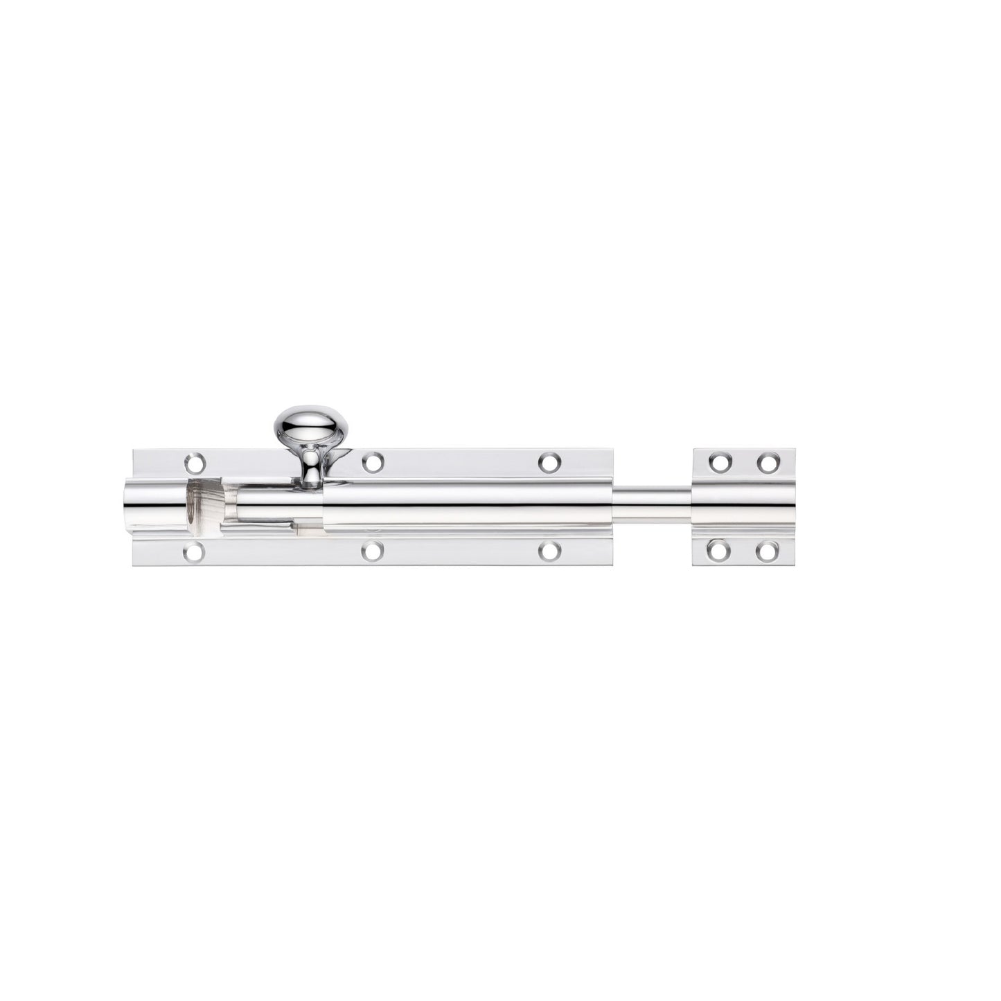 Zoo Hardware Architectural Barrel Bolt in polished chrome, featuring a cylindrical handle and a sliding bolt mechanism, designed for securing doors and gates.