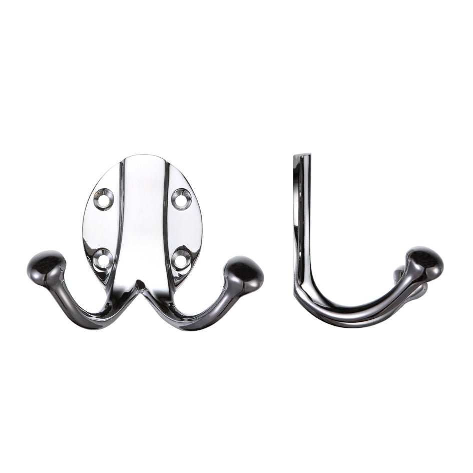 Zoo Hardware Double Robe Hook in a polished chrome finish featuring two rounded hooks, mounted on a circular backplate with three screw holes for easy installation.