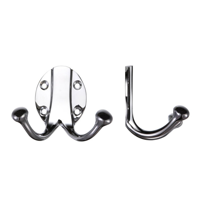 Zoo Hardware Double Robe Hook in a polished chrome finish featuring two rounded hooks, mounted on a circular backplate with three screw holes for easy installation.