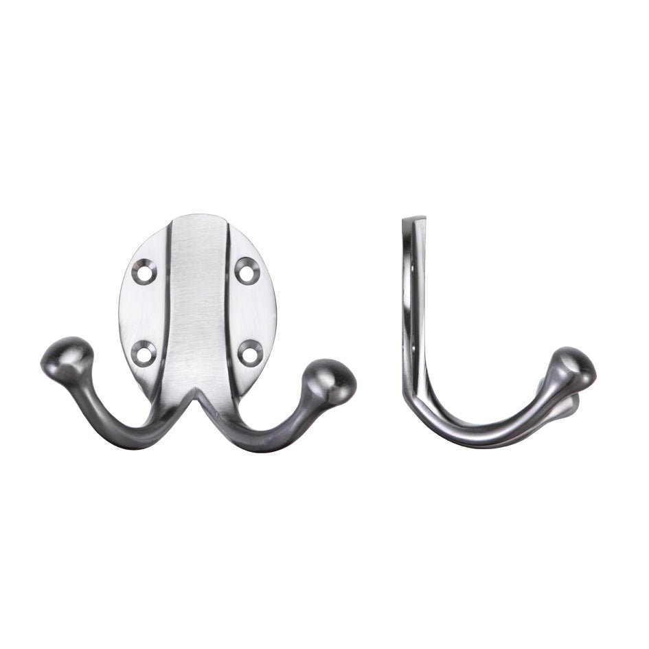 Zoo Hardware Double Robe Hook in a polished chrome finish, featuring a rounded design with two hooks on a circular backplate, suitable for hanging robes or coats.