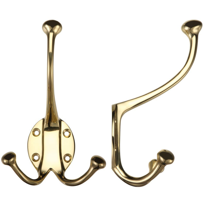 Zoo Hardware Double Hat and Coat Hook in a polished brass finish, featuring a sturdy base with two hooks for hanging items.