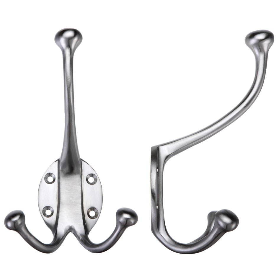 Zoo Hardware Double Hat and Coat Hook in polished chrome finish, featuring a dual-hook design with a rounded top and a wider base for mounting. The hook is equipped with two balls for securing hats or coats.
