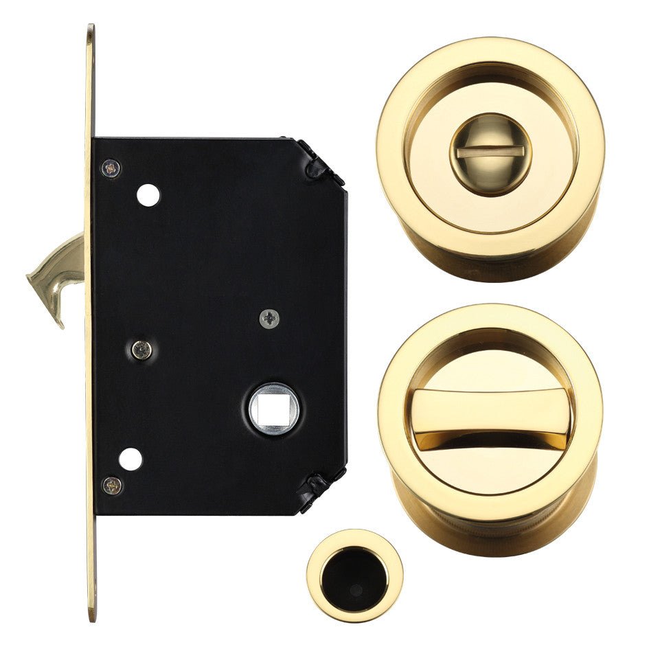 Zoo Hardware Sliding Door Lock Set suitable for 35–45mm thick doors, featuring a brass finish, with a lock body, round handle, and thumb turn mechanism for secure operation.