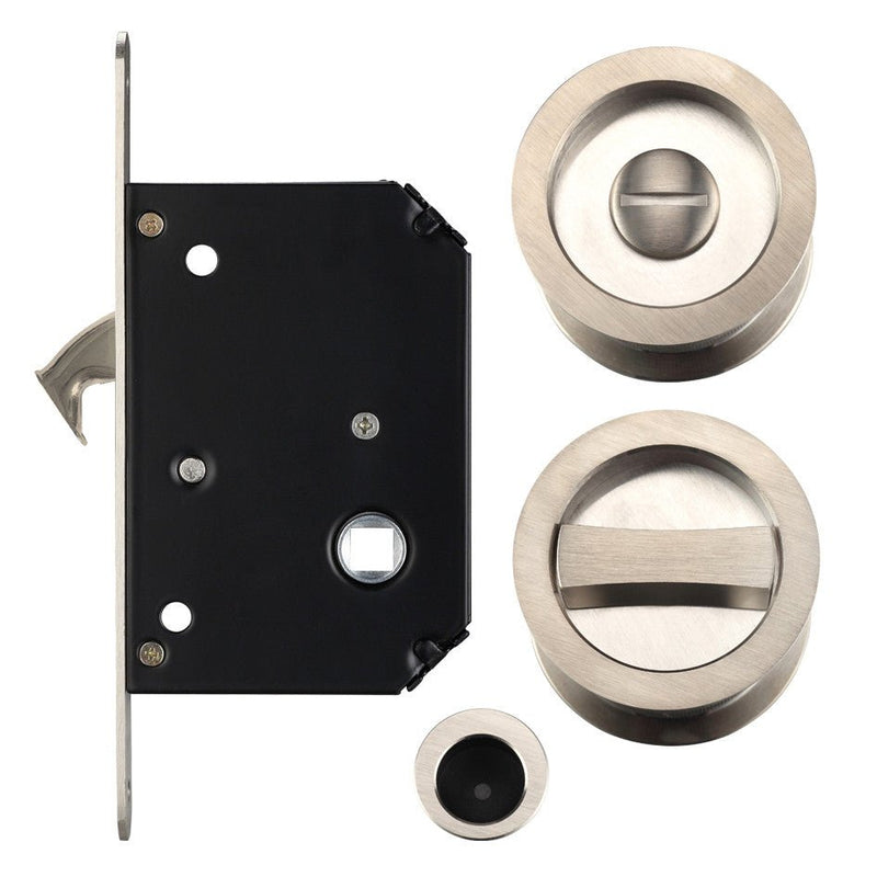 Zoo Hardware Sliding Door Lock Set suitable for 35–45mm thick doors, featuring a black metal body and stainless steel knobs. The set includes a locking mechanism and a privacy turn knob.