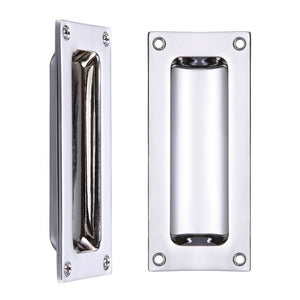 Zoo Hardware Flush Pull measuring 102 x 45mm with a depth of 13mm, featuring a polished chrome finish. The design includes a rectangular shape with four installation screws and a recessed grip for easy opening.